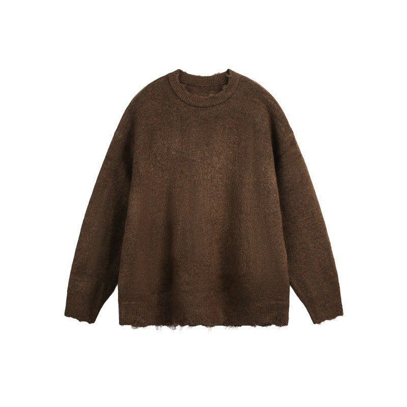 Unisex Oversize Grobstrickpullover mit Rundhalsausschnitt und ausgefranstem Saum Nord Taschen