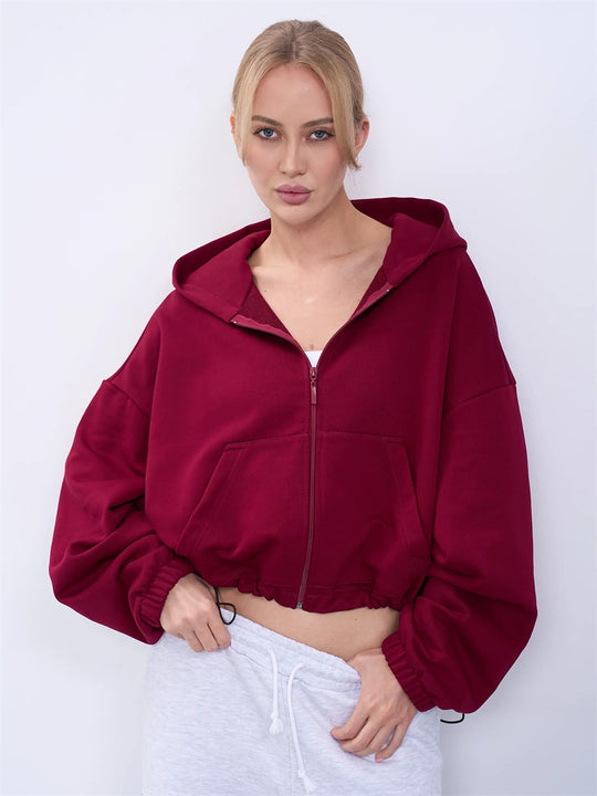 Damen legeres Cropped-Fleece-Hoodie mit Tunnelzugbund, Raglanärmeln und Reißverschluss Nord Taschen