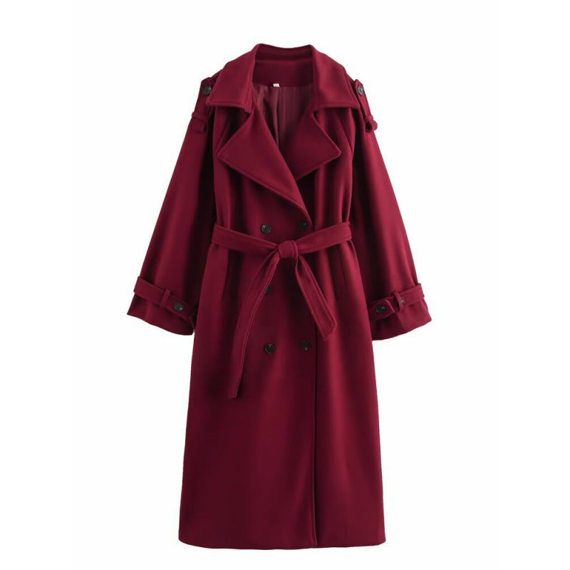 Damen langer doppeltreihiger Wollmix-Trenchcoat mit Gürtel und breitem Revers Nord Taschen