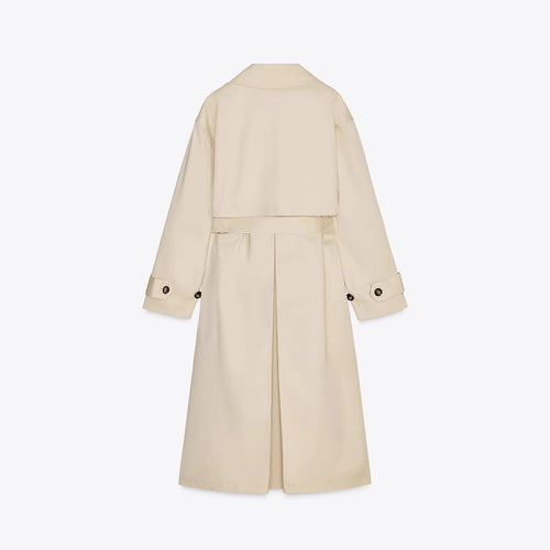 Damen Lang geschnittener Trenchcoat mit Rückfalte, Sturmklappe und Taillengürtel Nord Taschen