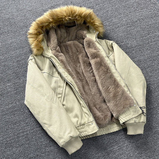 Unisex Wattierte Bomberjacke mit großer Kapuze und Kunstfellbesatz Nord Taschen