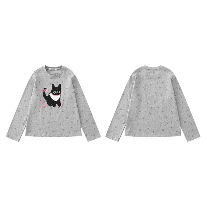 Damen Relaxed-Fit Longsleeve mit Cartoon-Katzenmotiv und tonalem Sternmuster Nord Taschen