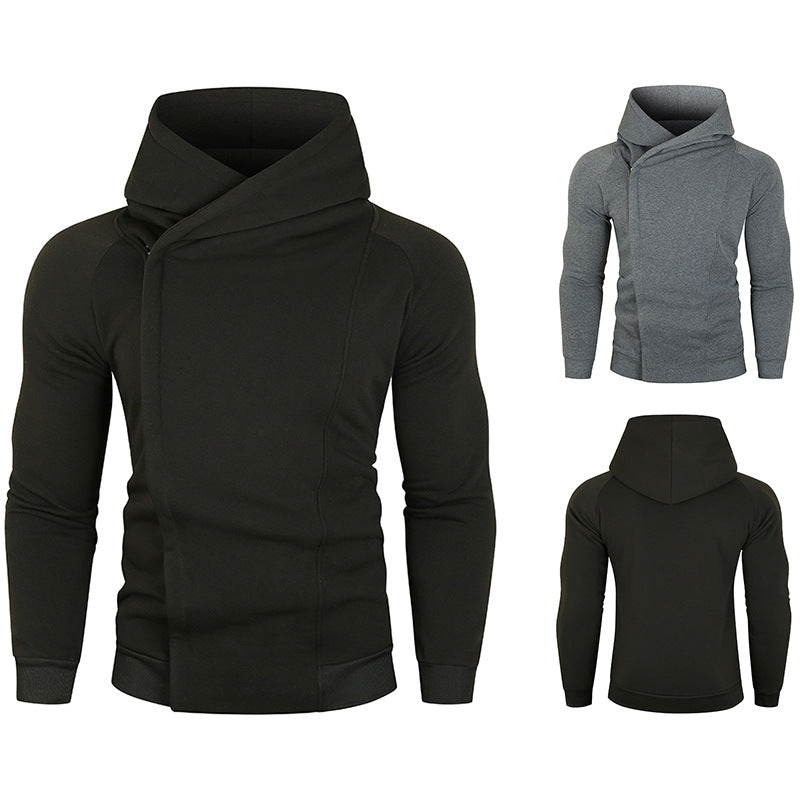 Herren asymmetrischer Kapuzenpullover mit Wickelkragen und verdeckter Knopfleiste, schlanke sportive Passform Nord Taschen