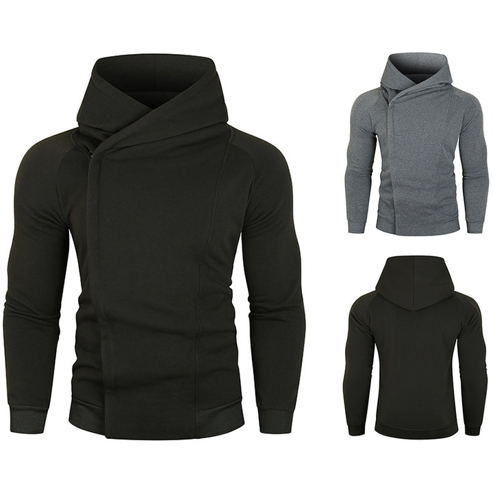 Herren asymmetrischer Kapuzenpullover mit Wickelkragen und verdeckter Knopfleiste, schlanke sportive Passform Nord Taschen