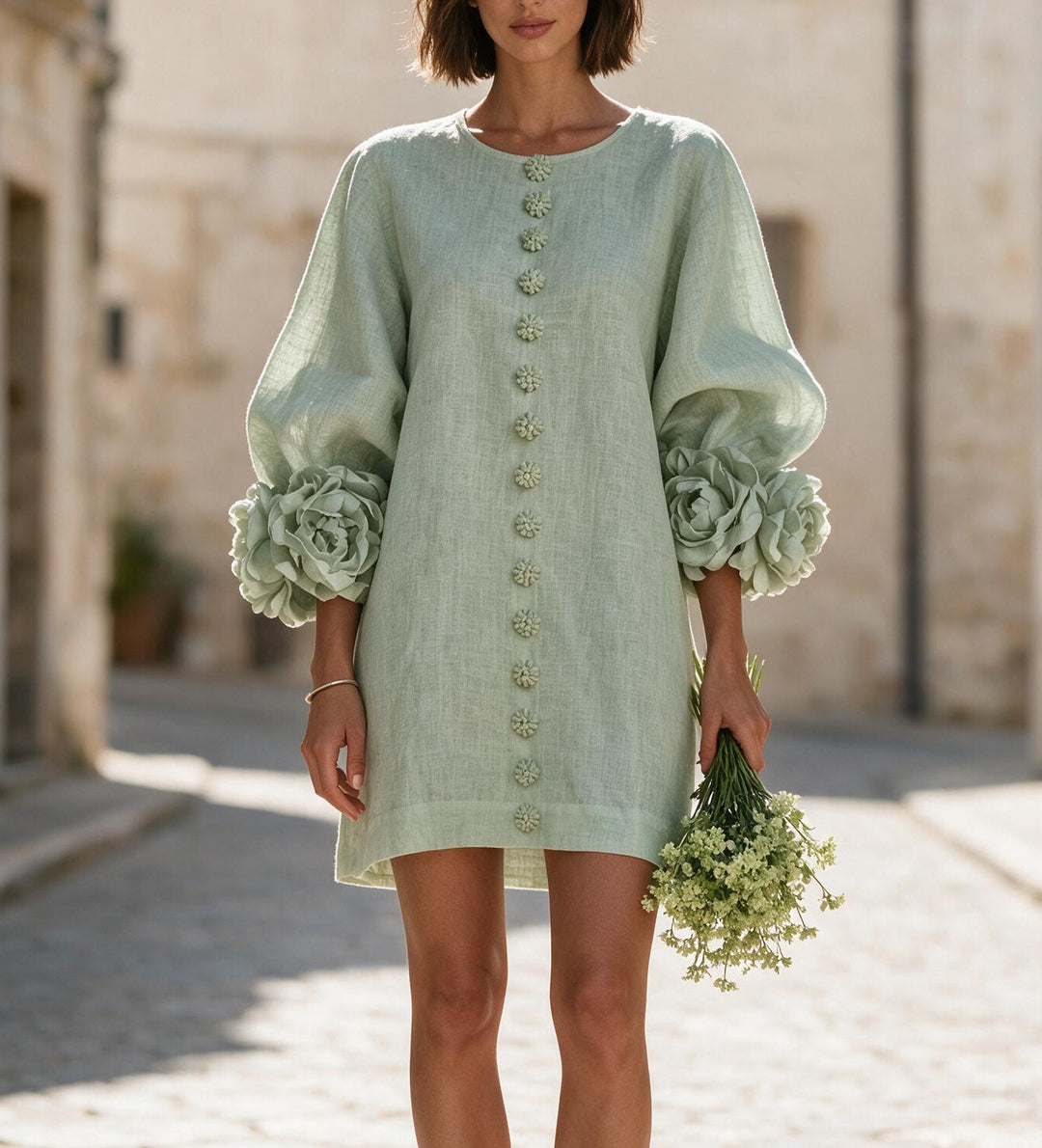 Damen Kurzkleid aus Leinen mit voluminösen Ballonärmeln und 3D-Blumenmanschetten Nord Taschen