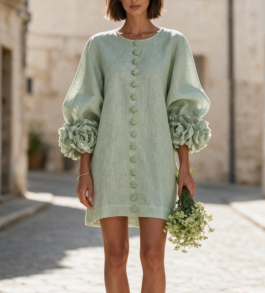 Damen Kurzkleid aus Leinen mit voluminösen Ballonärmeln und 3D-Blumenmanschetten Nord Taschen