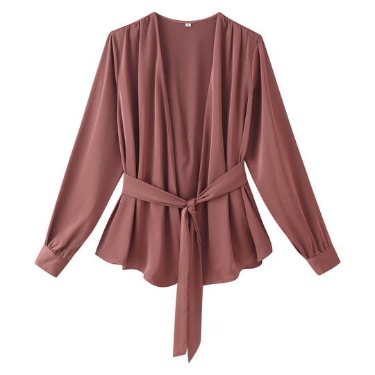 Damen Wickelbluse mit drapiertem V‑Ausschnitt und Taillengürtel Nord Taschen