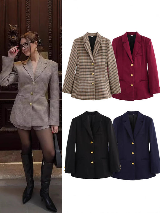 Damen karierten Blazer mit goldenen Knöpfen und praktischen Taschen Nord Taschen