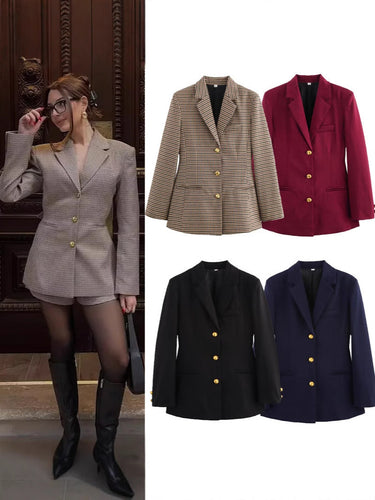 Damen karierten Blazer mit goldenen Knöpfen und praktischen Taschen Nord Taschen