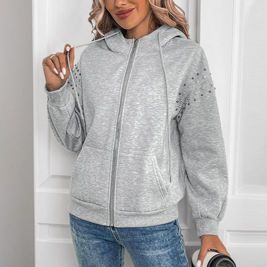 Damen Kapuzenjacke mit Reißverschluss und Perlendetail an den Ärmeln Nord Taschen