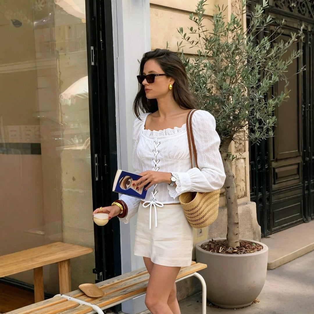 Damen Corsagen-Top im Broderie‑Look mit Schnürung und Puffärmeln Nord Taschen