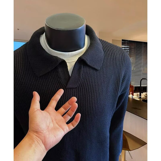 Herren Struktur-Strickpullover mit Polokragen und V‑Schlitz Nord Taschen