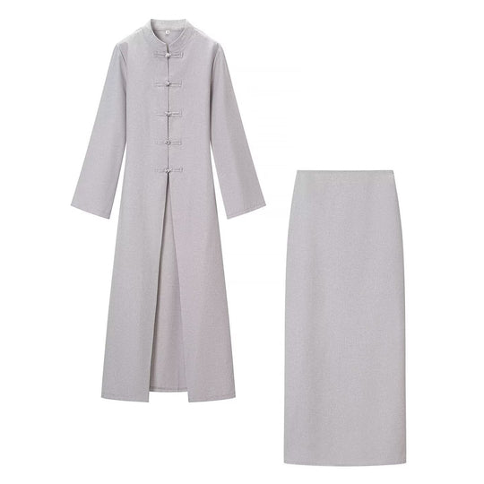 Damen Langärmliges Maxikleid mit Stehkragen Knebelknopfverschluss und vorderem Schlitz Nord Taschen