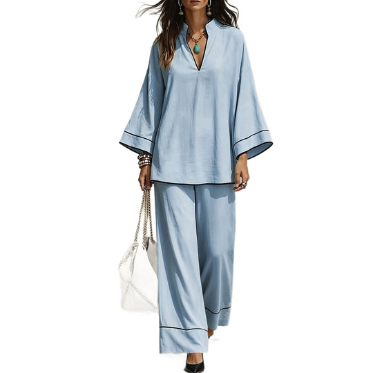 Damen Lässiges zweiteiliges Leinenoptik-Loungewear-Set mit Stehkragen, V-Ausschnitt und weitem Beinschnitt Nord Taschen