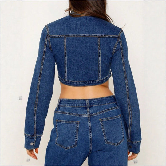 Damen Cropped-Denim-Hoodie mit Reißverschluss und High-Waist Midirock mit Frontschlitz Nord Taschen