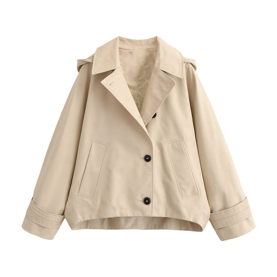 Damen Kurze Oversize-Trenchjacke mit Umlegekragen und Schulterklappen Nord Taschen