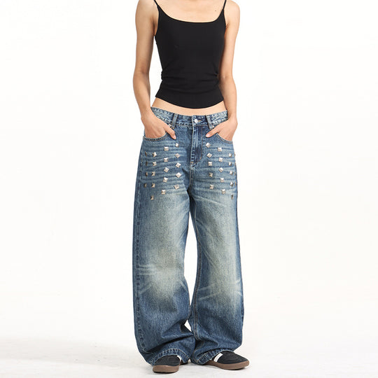 Damen Extraweite Nieten-Baggy-Jeans mit tiefem Bund und Used-Wash Nord Taschen
