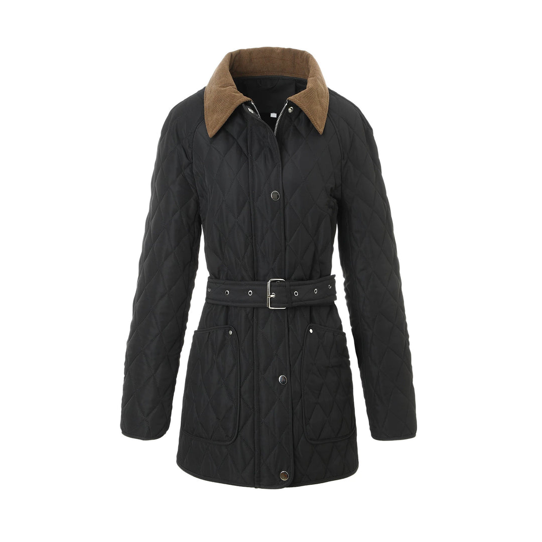 Damen Lange Steppjacke-Mantel mit tailliertem Gürtel und Kontrast-Cordkragen Nord Taschen