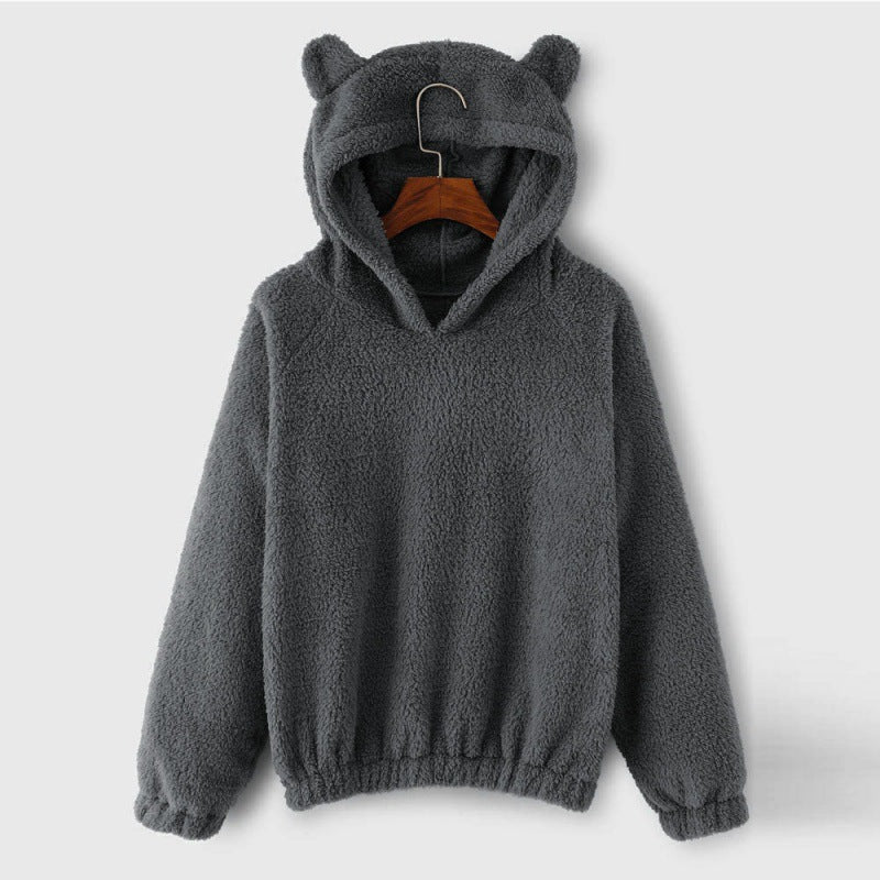 Damen Kuscheliger Teddy-Kapuzenpullover mit Bärenohren und Gummizugsaum Nord Taschen