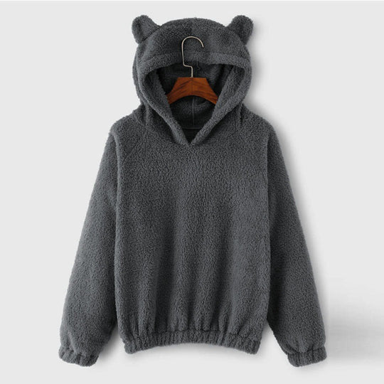 Damen Kuscheliger Teddy-Kapuzenpullover mit Bärenohren und Gummizugsaum Nord Taschen