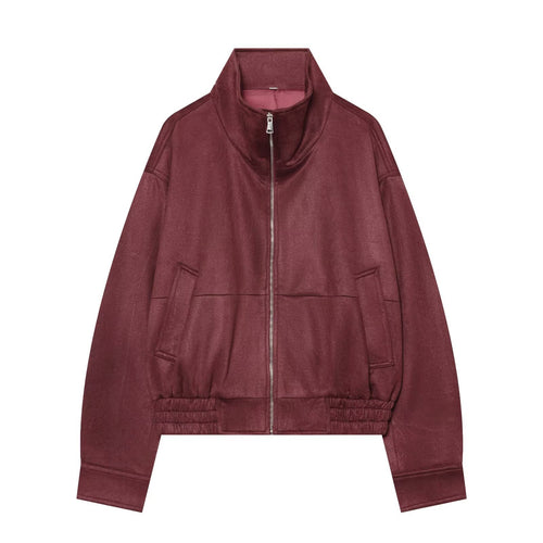 Damen Cropped Bomberjacke aus Veloursimitat mit Stehkragen und elastischem Saum Nord Taschen