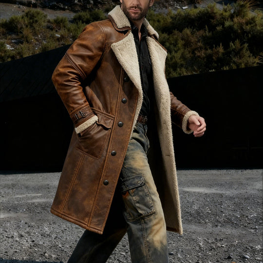 Herren Langer Vintage-Lederimitatmantel mit Teddyfutter und verstellbaren Schnallenmanschetten Nord Taschen