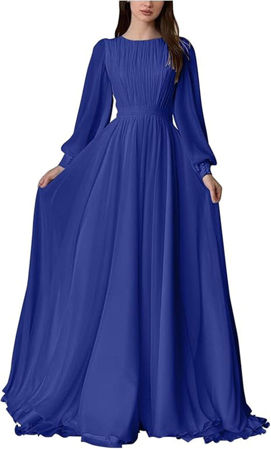 Damen Maxi-Party Kleid mit langen fließenden Ärmeln und Spitzenakzenten