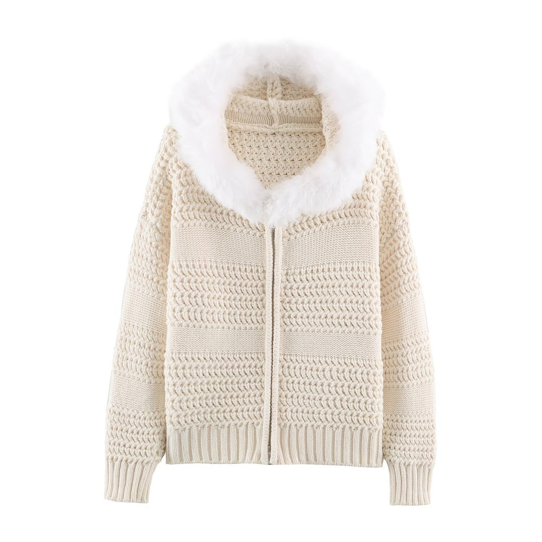 Damen Strickjacke mit durchgehendem Reißverschluss und kuscheligem Kunstpelzkragen Nord Taschen