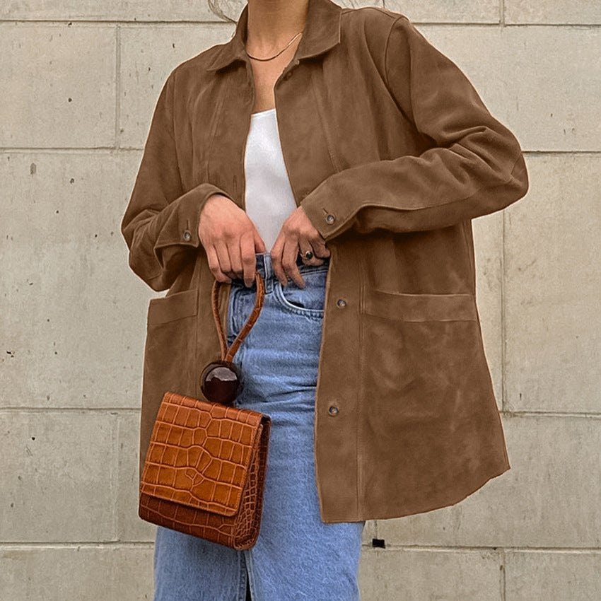 Damen Modische Wildlederjacke mit Druckknopfverschluss und praktischen Taschen