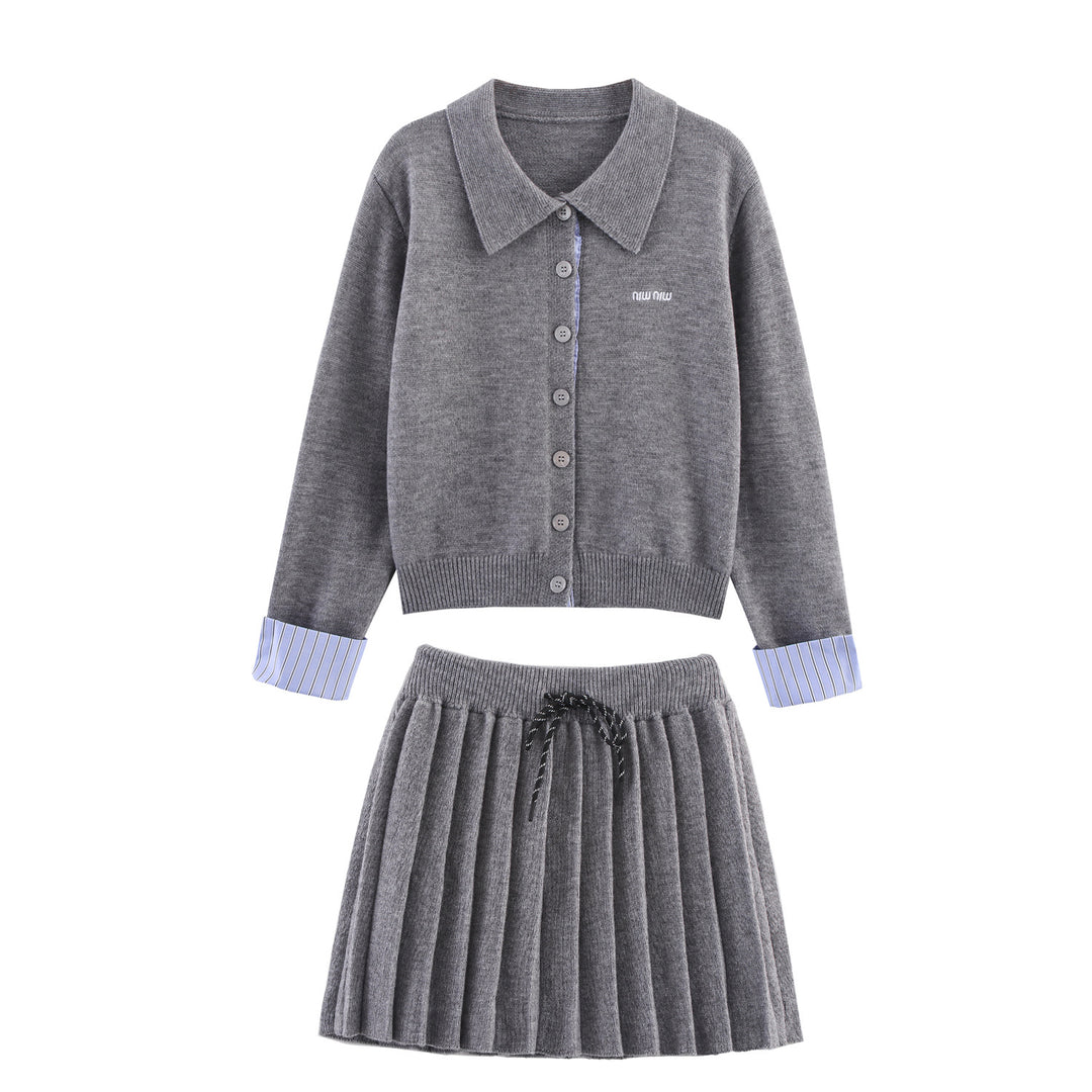 Damen Zweiteiliges Feinstrick-Set mit Hemdkragen-Cardigan und plissiertem Rock Nord Taschen