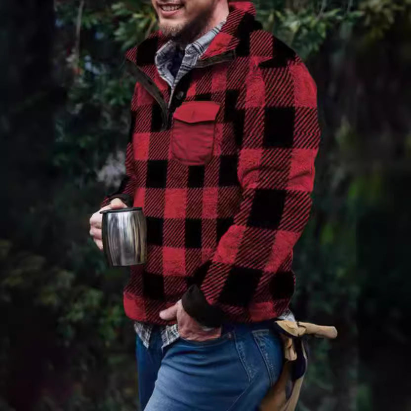 Herren Fleece-Pullover mit Karomuster und Hohem Kragen Avellé