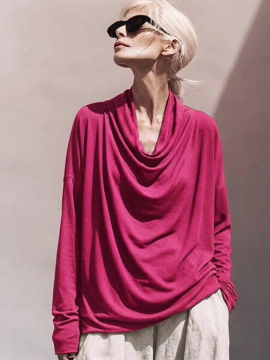 Damen Drapiertes Oversize-Langarmshirt mit Wasserfallkragen Nord Taschen