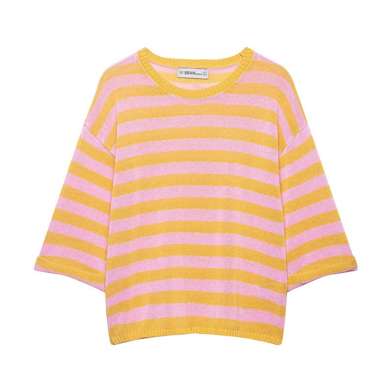 Damen Gestreifter Oversize-Strickpullover mit weitem dreiviertelärmel und Rundhalsausschnitt Nord Taschen