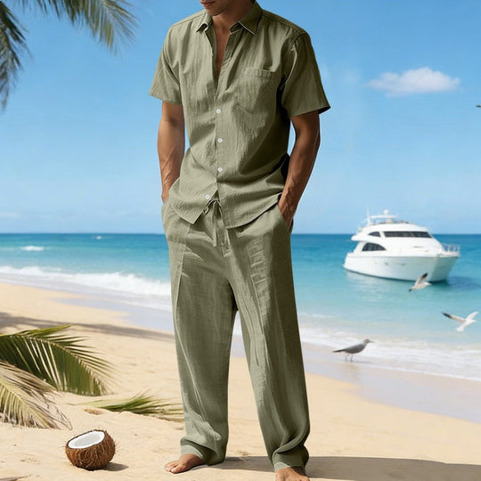 Herren nan resort-taugliches Kurzarm-Hemd mit Brusttasche und lässiger Leinen-Kordelhose