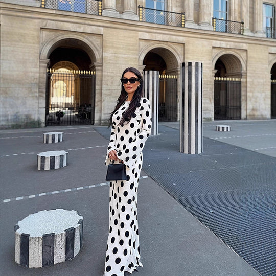 Damen Figurbetontes Polka-Dot Maxikleid mit Trompetenärmeln & Rundhalsausschnitt Nord Taschen