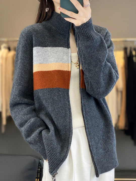 Damen Reißverschluss-Strickcardigan aus weichem Wollmix mit Blockstreifen und geripptem Saum Nord Taschen