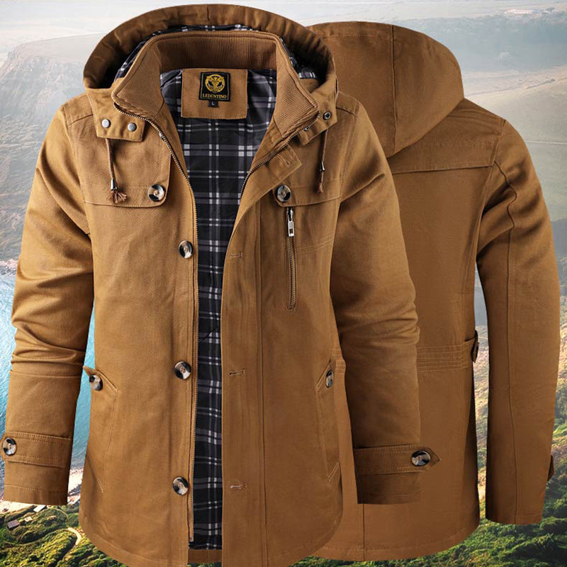 Herren  Kapuzenparka aus Canvas mit kariertem Thermofutter, verdeckter Reißverschluss und dekorativen Knopfleisten Nord Taschen