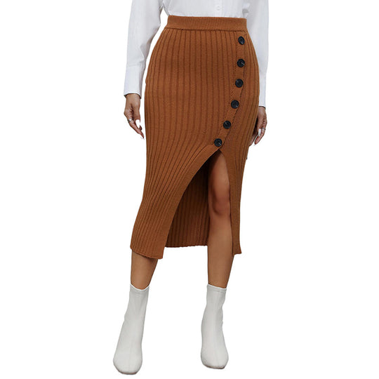 Damen Midirock aus Rippstrick mit seitlicher Knopfleiste und Beinschlitz Nord Taschen