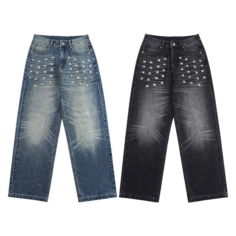 Damen Extraweite Nieten-Baggy-Jeans mit tiefem Bund und Used-Wash Nord Taschen
