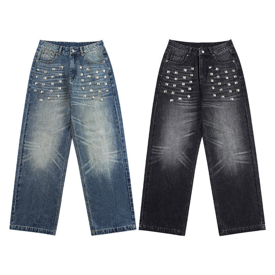 Damen Extraweite Nieten-Baggy-Jeans mit tiefem Bund und Used-Wash Nord Taschen