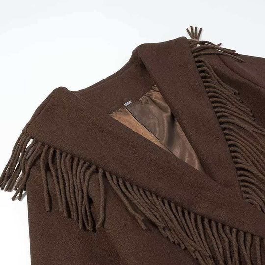 Damen Langer Fransen-Wollmix-Mantel mit Kapuze, Bindegürtel und aufgesetzten Taschen Nord Taschen