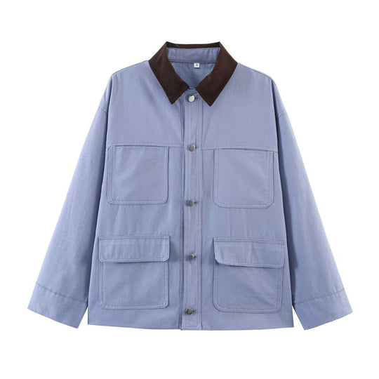 Damen Oversize Utility-Jacke mit Kontrastkragen und aufgesetzten Taschen Nord Taschen