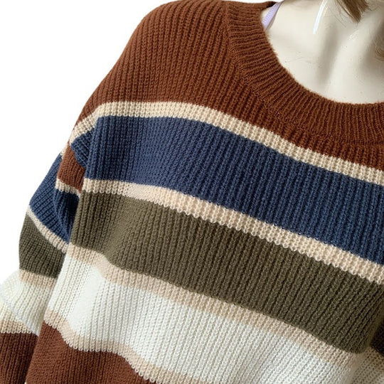 Damen Oversize-gestreifter Strickpullover mit Rundhalsausschnitt und lässigen Ballonärmeln Drune