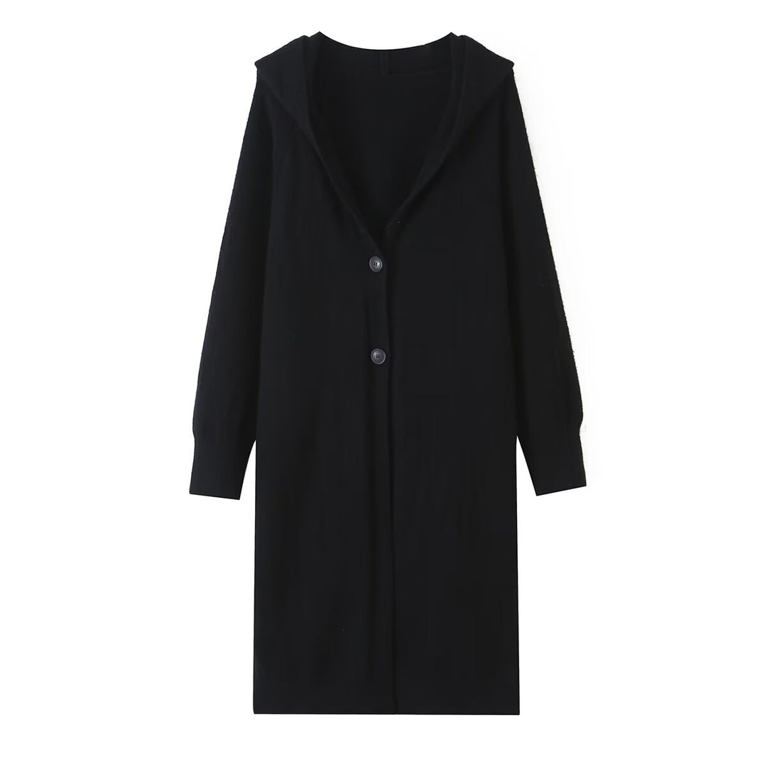Damen Lange Kapuzen-Strickjacke mit durchgehender Knopfleiste und gerippten Bündchen Nord Taschen