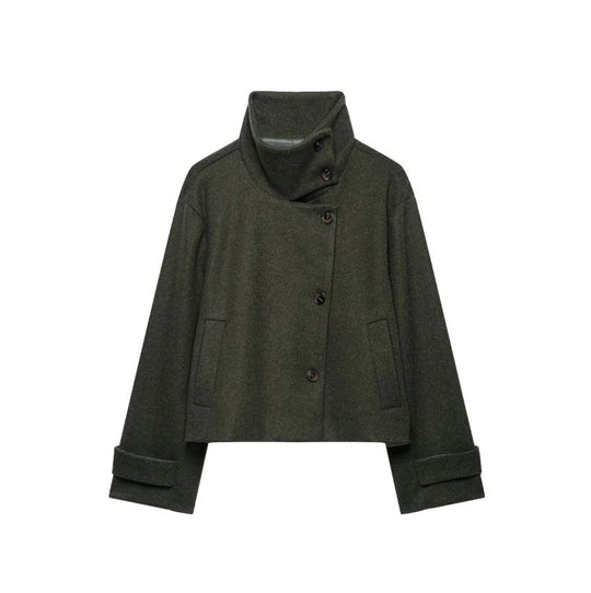 Damen Cropped Wollmix-Kurzjacke mit hohem Stehkragen, asymmetrischer Knopfleiste und Krempelmanschetten Nord Taschen