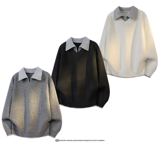 Unisex Oversize Strickpullover mit Kontrastpolokragen und V-Ausschnitt Nord Taschen