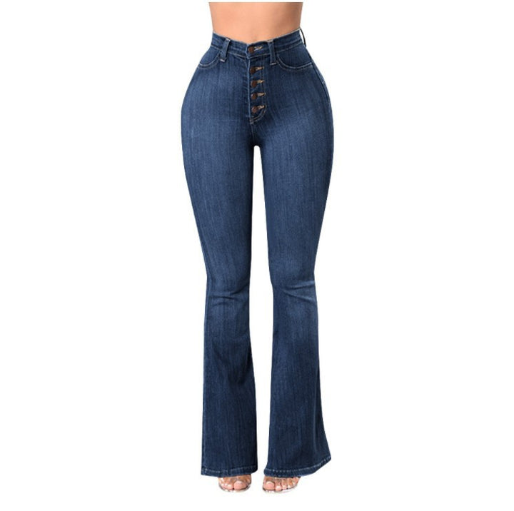 Damen hochgeschnittene Bootcut-Jeans mit sichtbarer Knopfleiste, figurformendem Stretch und schlankem Oberschenkel Nord Taschen