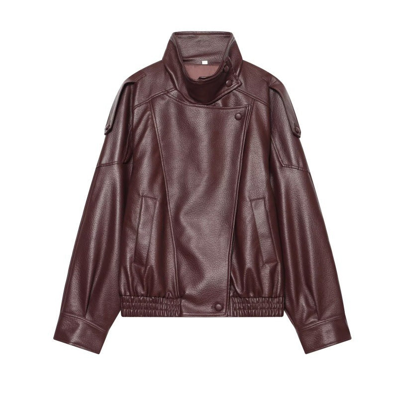 Damen Kunstleder-Bomberjacke mit hohem Stehkragen, asymmetrischem Verschluss und elastischem Saum Nord Taschen