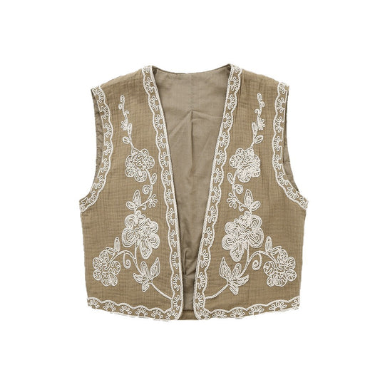 Damen Ärmellose Leinenweste mit floraler Reliefstickerei und offener Front Nord Taschen