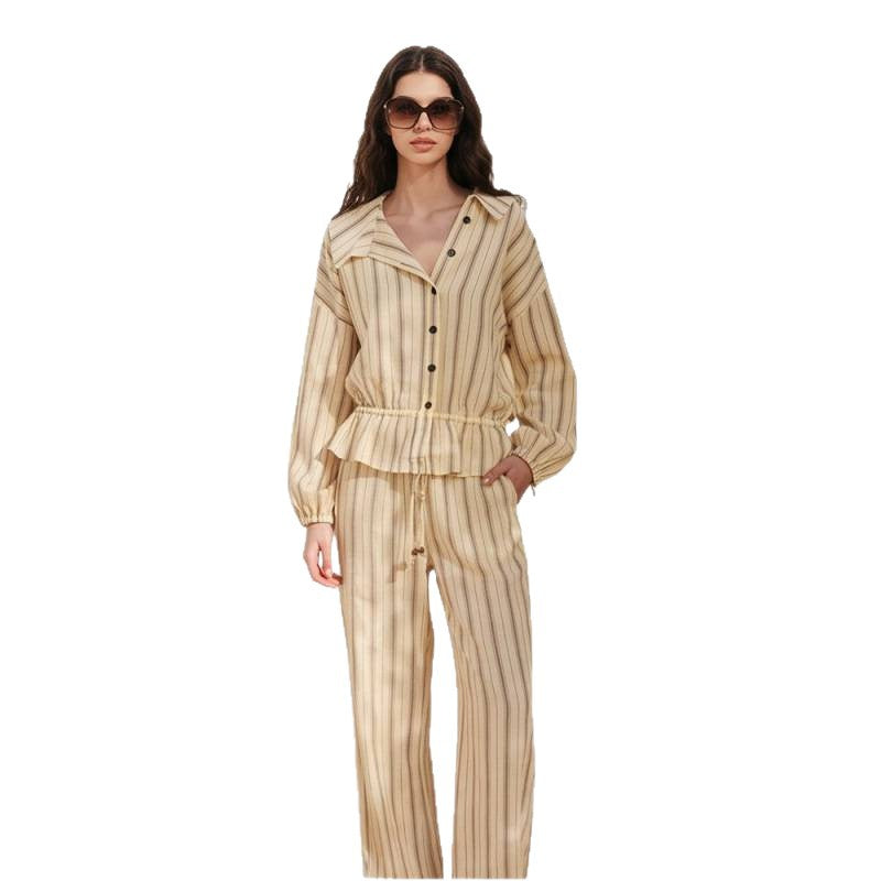 Damen Gestreiftes Zweiteiliges Loungewear-Set mit Oversize-Hemdjacke und Tunnelzug-Hose Nord Taschen